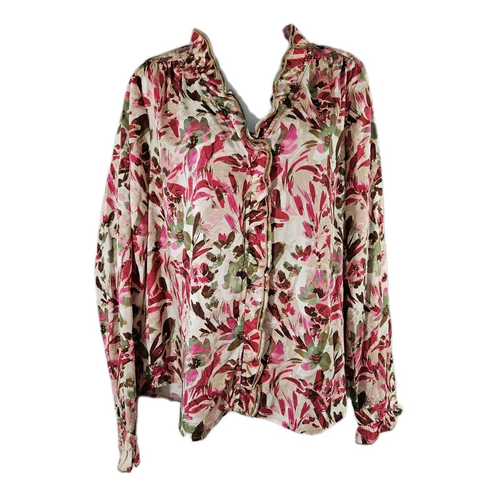 KUT From The Kloth Blouse Womens Large Pink Floral Ruffle Button Up Top Boho
